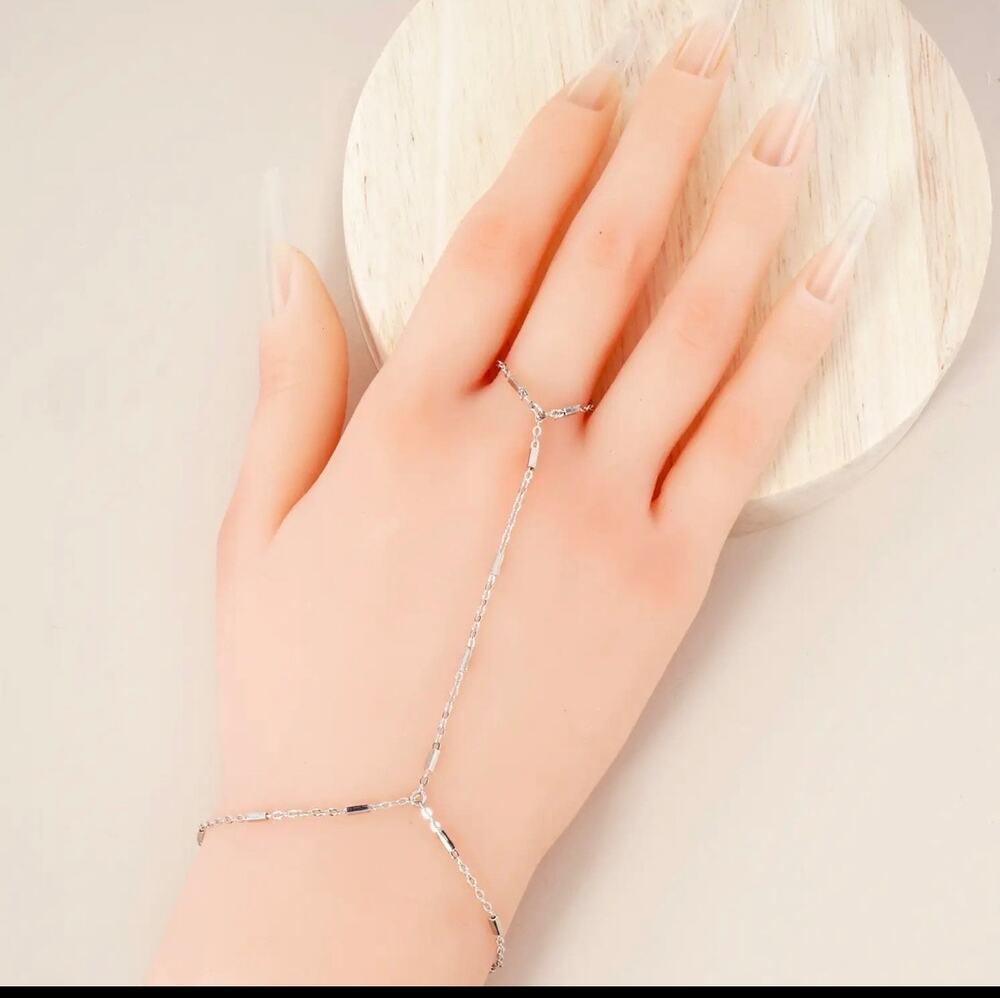 18K White Gold Dipped Satellite Rectangle Hand Chain Bracelet Silver